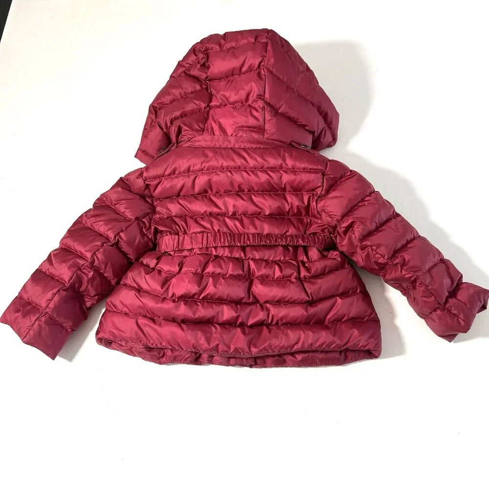 Burberry Puffer Coat Baby Girl 6 Months Maroon Goose Down Hooded Plaid Lined - Picture 2 of 7